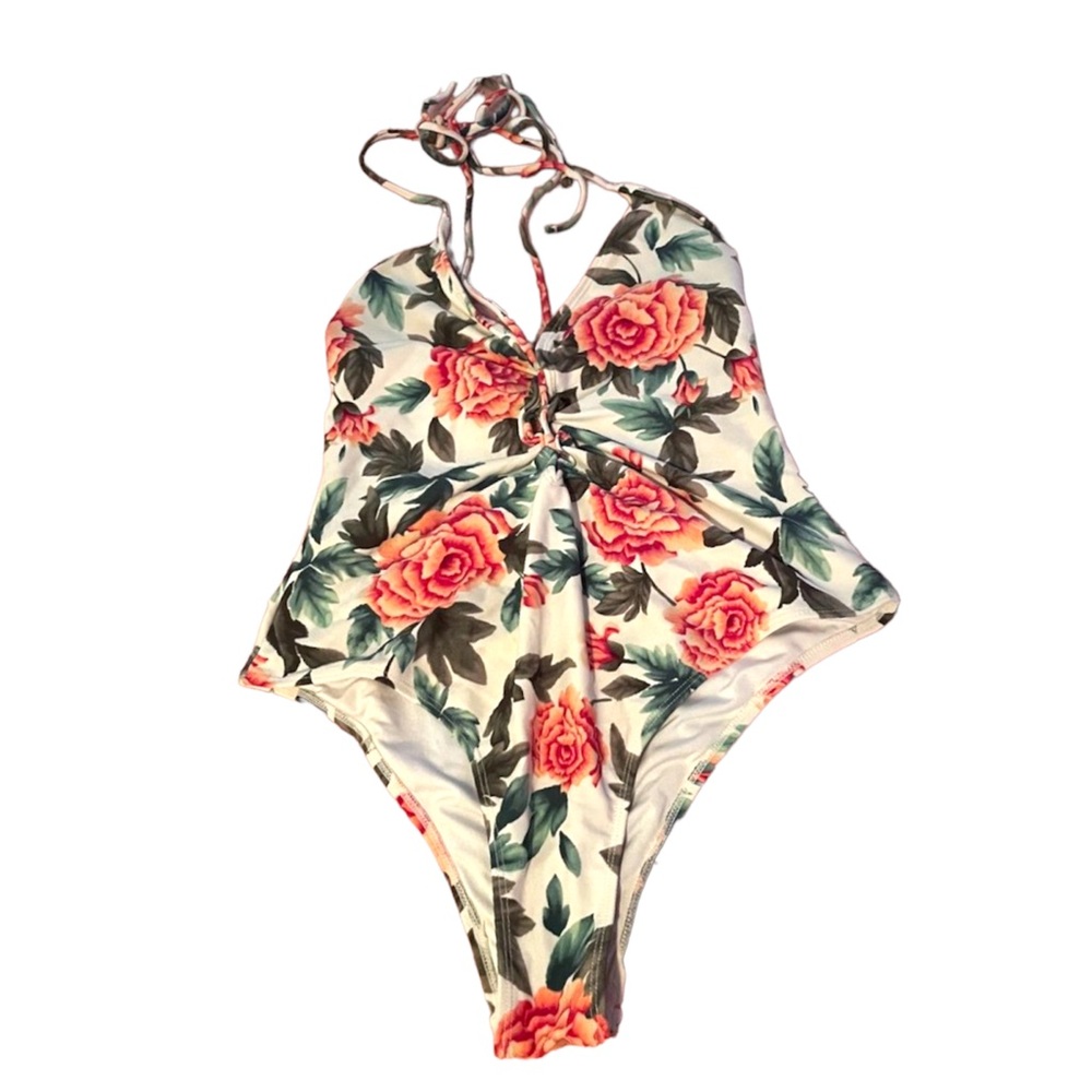 Forever 21 Floral High Brief Cut Halter One Piece Swimsuit Size Large